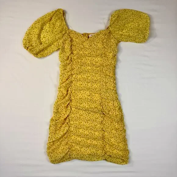 All In Favor Sasha Ruched Mini Dress Women's XS Yellow Puff Sleeve Coquette - Picture 11 of 15